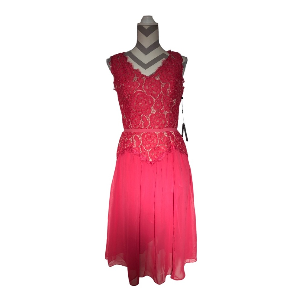 ADRIANNA PAPELL CHIFFON AND LACE MIDI DRESS